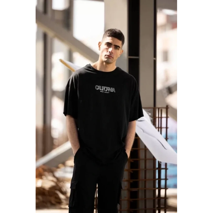 MARSiLYAN- Unisex Bisiklet Yaka Baskılı Oversize T-Shirt - Siyah