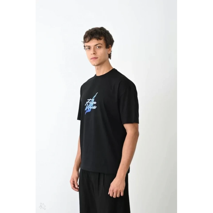 MARSiLYAN- Unisex Bisiklet Yaka Baskılı Oversize T-Shirt - Siyah
