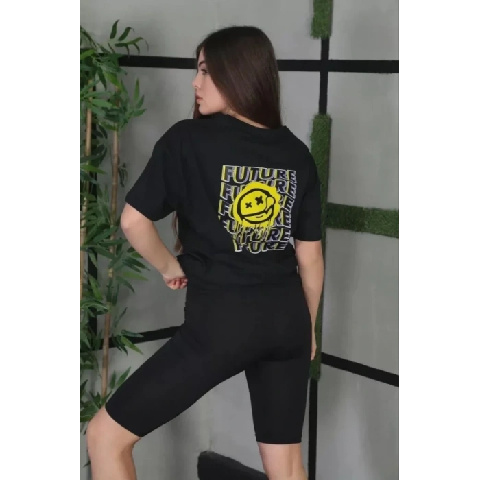 MARSiLYAN- Unisex Bisiklet Yaka Baskılı Oversize T-Shirt - Siyah