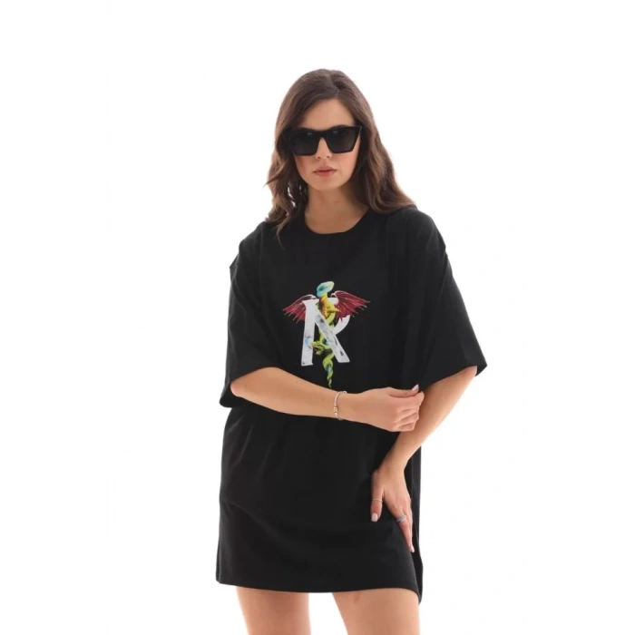 MARSiLYAN- Unisex Bisiklet Yaka Baskılı Oversize T-Shirt - Siyah