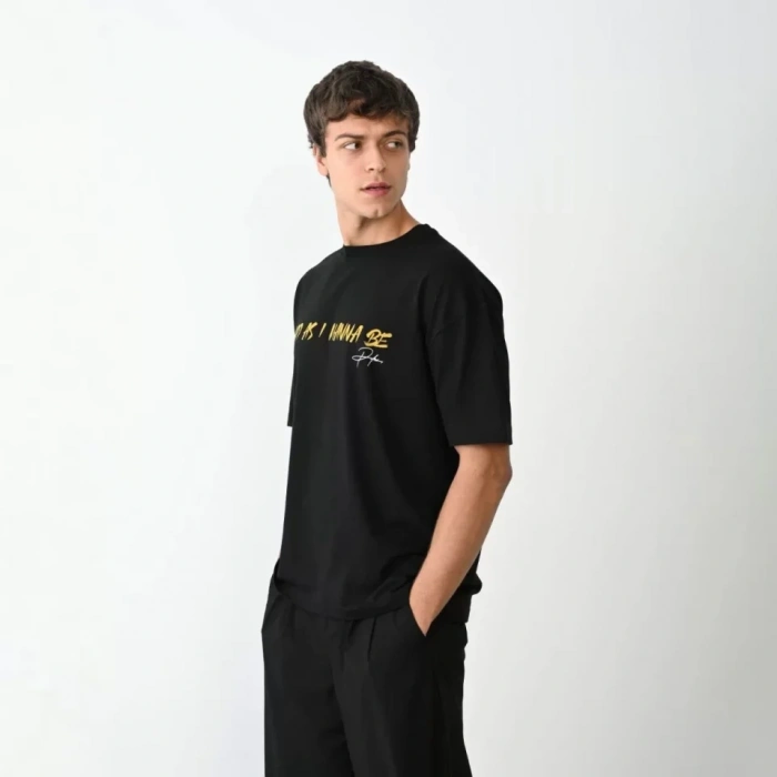 MARSiLYAN- Unisex Bisiklet Yaka Baskılı Oversize T-Shirt - Siyah