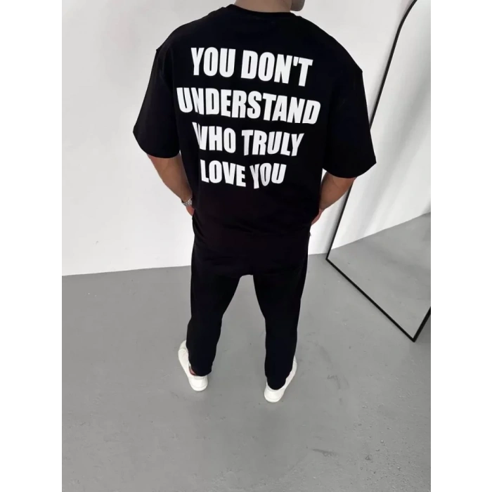 MARSiLYAN- Unisex Bisiklet Yaka Baskılı Oversize T-Shirt - Siyah