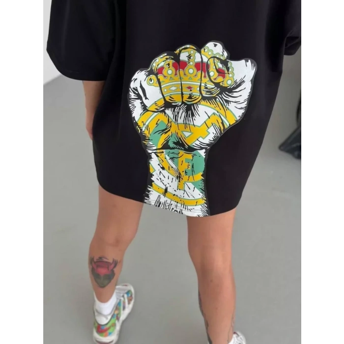 MARSiLYAN- Unisex Bisiklet Yaka Baskılı Oversize T-Shirt - Siyah