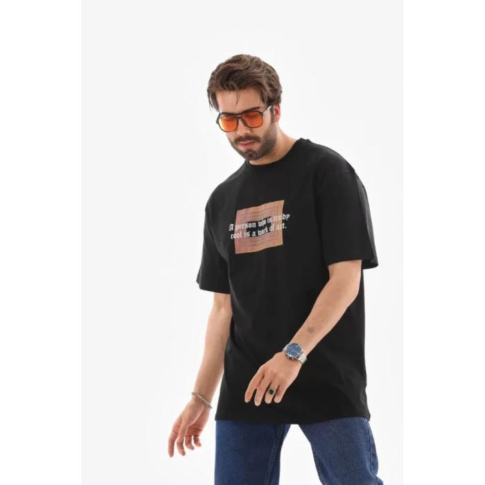 MARSiLYAN- Unisex Bisiklet Yaka Baskılı Oversize T-Shirt - Siyah