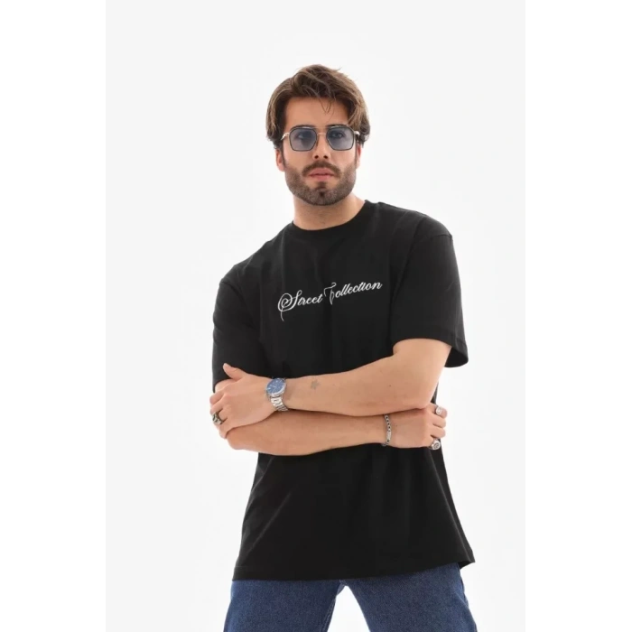 MARSiLYAN- Unisex Bisiklet Yaka Baskılı Oversize T-Shirt - Siyah