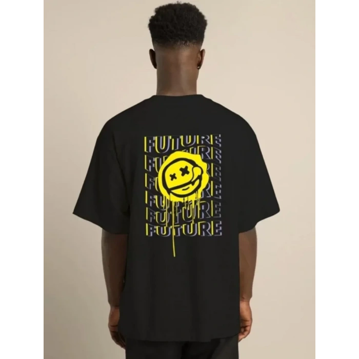 MARSiLYAN- Unisex Bisiklet Yaka Baskılı Oversize T-Shirt - Siyah