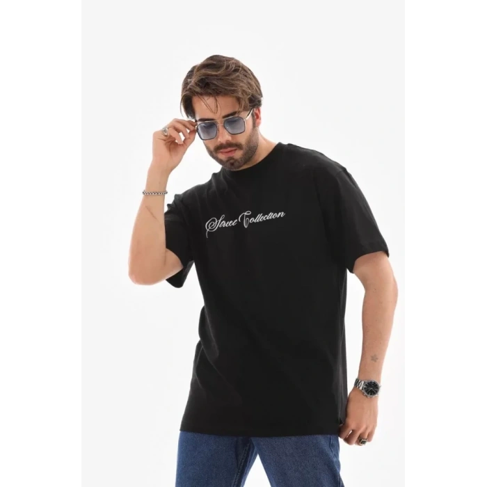 MARSiLYAN- Unisex Bisiklet Yaka Baskılı Oversize T-Shirt - Siyah