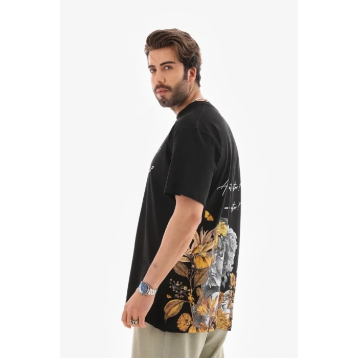 MARSiLYAN- Unisex Bisiklet Yaka Baskılı Oversize T-Shirt - Siyah