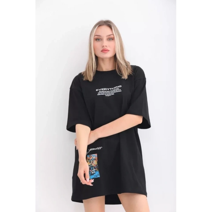 MARSiLYAN- Unisex Bisiklet Yaka Baskılı Oversize T-Shirt - Siyah
