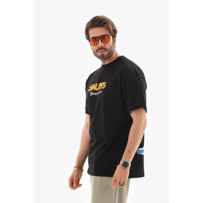 MARSiLYAN- Unisex Bisiklet Yaka Baskılı Oversize T-Shirt - Siyah