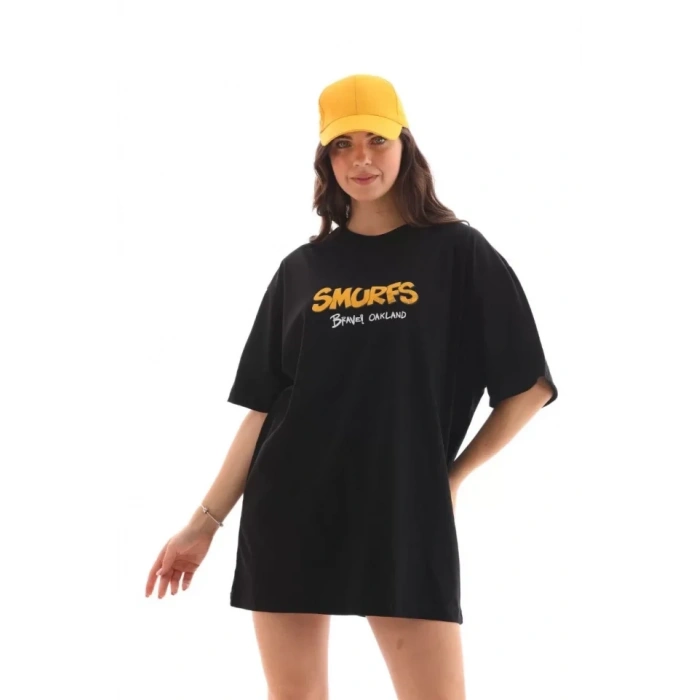 MARSiLYAN- Unisex Bisiklet Yaka Baskılı Oversize T-Shirt - Siyah