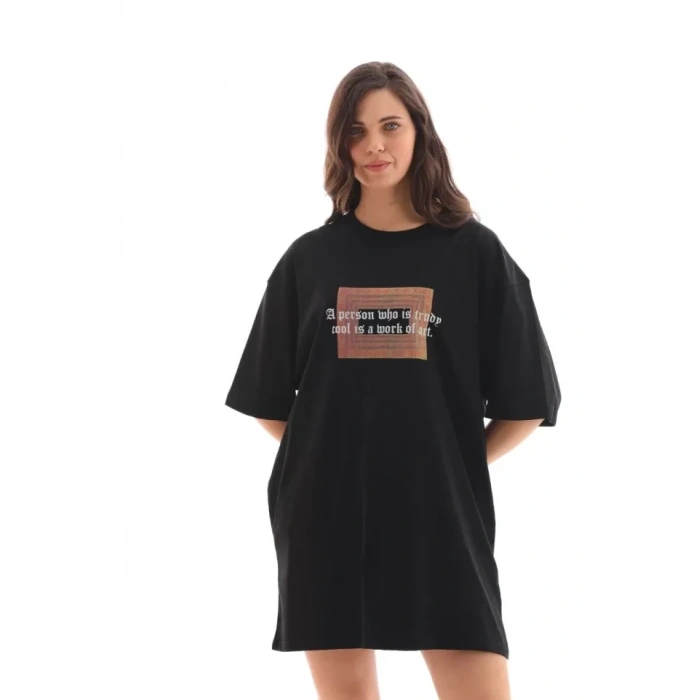 MARSiLYAN- Unisex Bisiklet Yaka Baskılı Oversize T-Shirt - Siyah