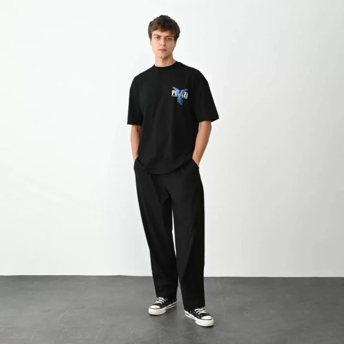 MARSiLYAN- Unisex Bisiklet Yaka Baskılı Oversize T-Shirt - Siyah