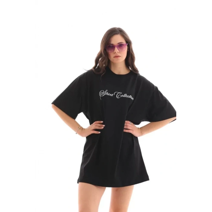 MARSiLYAN- Unisex Bisiklet Yaka Baskılı Oversize T-Shirt - Siyah