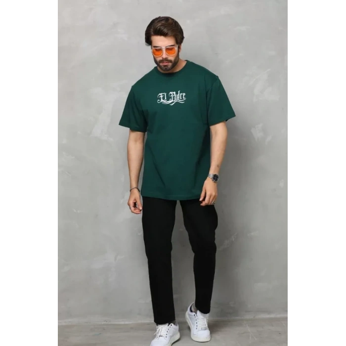 MARSiLYAN- Unisex Bisiklet Yaka Baskılı Oversize T-Shirt - Yeşil