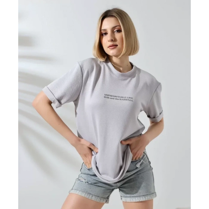 MARSiLYAN- Unisex Bisiklet Yaka Baskılı Slim Fit T-Shirt - Boyalı Gri