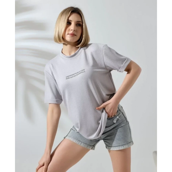 MARSiLYAN- Unisex Bisiklet Yaka Baskılı Slim Fit T-Shirt - Boyalı Gri