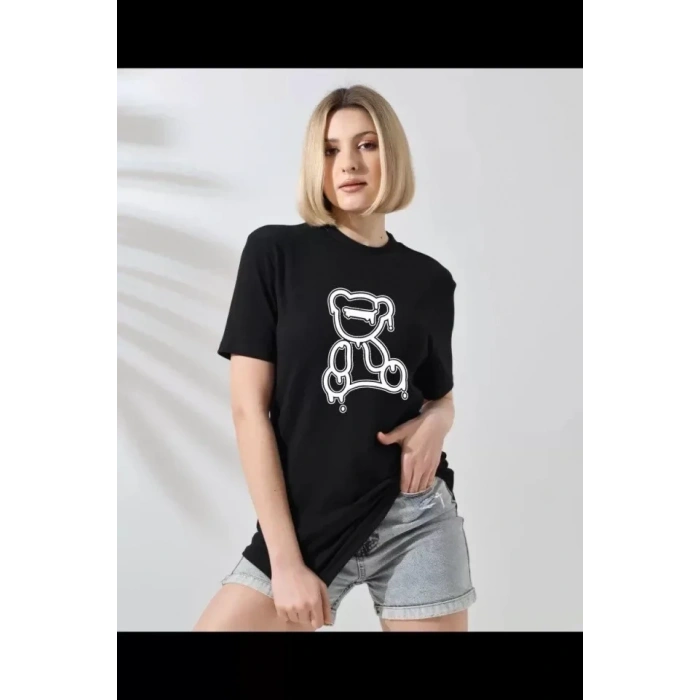 MARSiLYAN- Unisex Bisiklet Yaka Baskılı T-Shirt - Siyah
