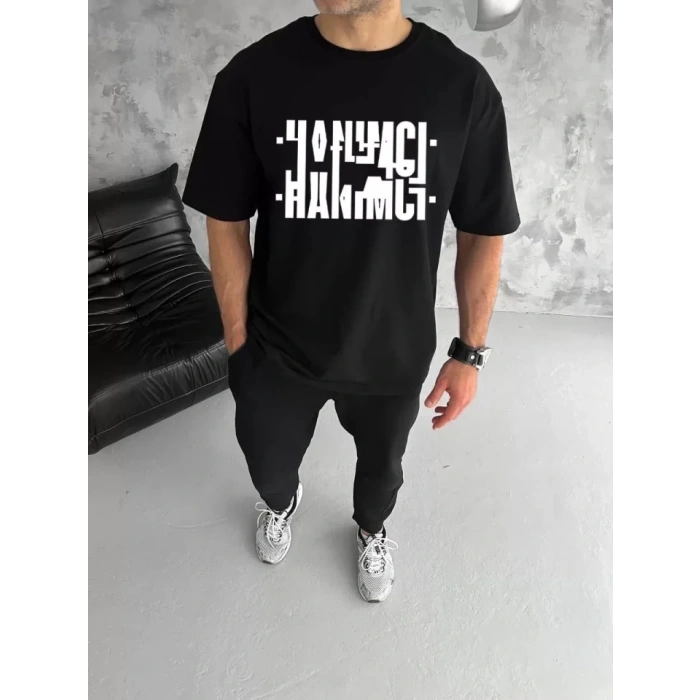 MARSiLYAN- Unisex Bisiklet Yaka Katlanan Baskılı T-Shirt - Siyah