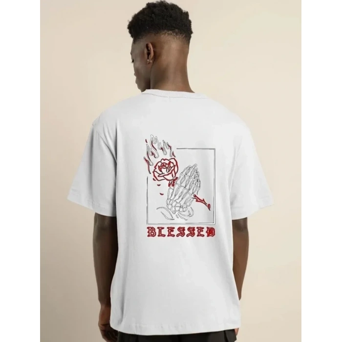 MARSiLYAN- Unisex Bisiklet Yaka Oversize Baskılı T-Shirt - Beyaz