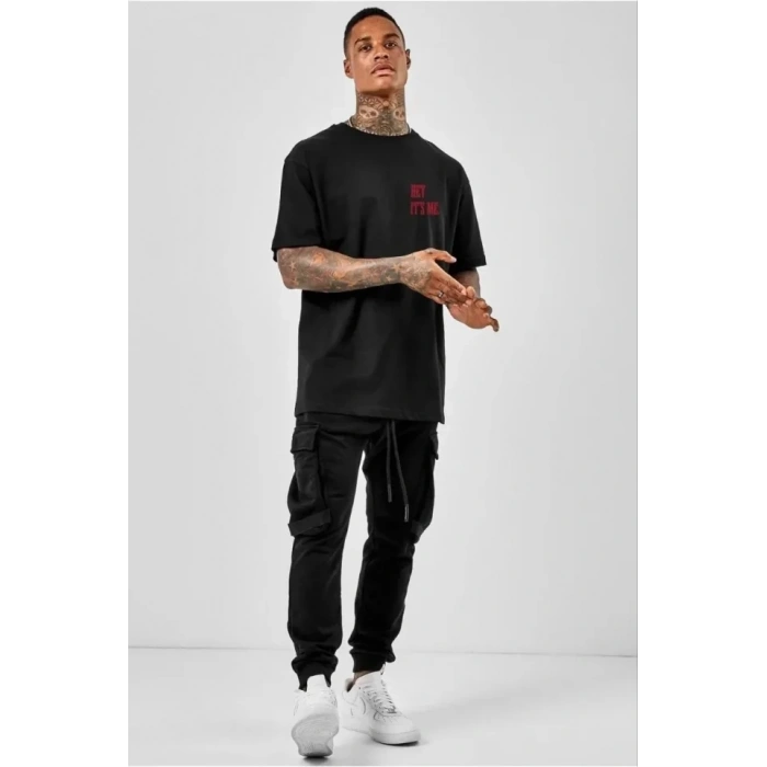 MARSiLYAN- Unisex Bisiklet Yaka Oversize Baskılı T-Shirt - Siyah