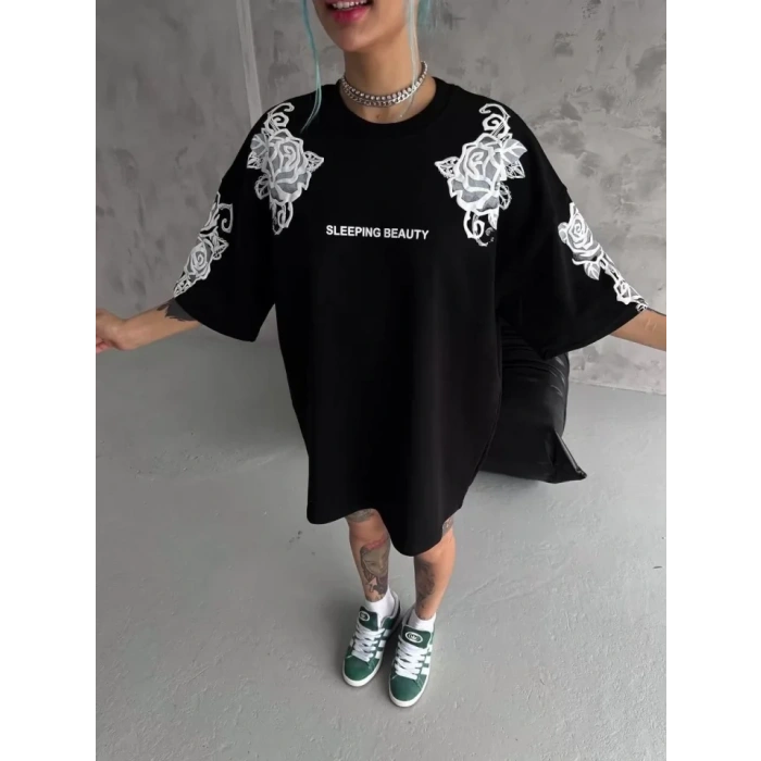 MARSiLYAN- Unisex Flok Kabartma Baskılı T-Shirt - Siyah