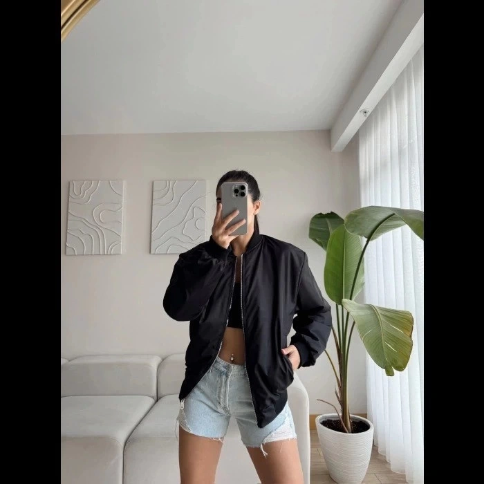MARSiLYAN- Unisex İçi Astarlı Düz Bomber Ceket - Siyah