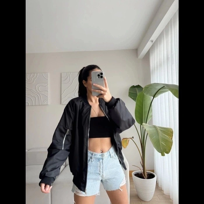 MARSiLYAN- Unisex İçi Astarlı Düz Bomber Ceket - Siyah