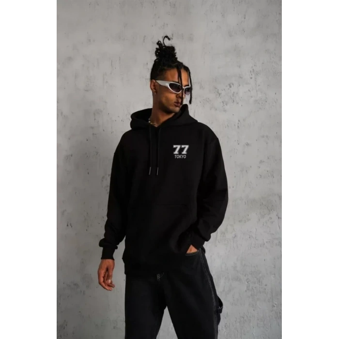 MARSiLYAN- Unisex Kapşonlu Baskılı Sweetshirt - Siyah