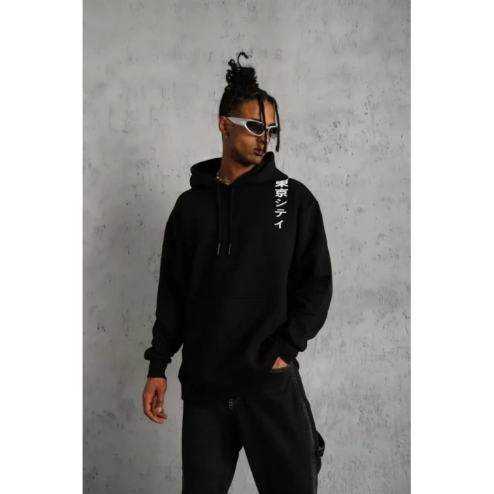 MARSiLYAN- Unisex Kapşonlu Uzun Kol Baskılı Sweetshirt - Siyah