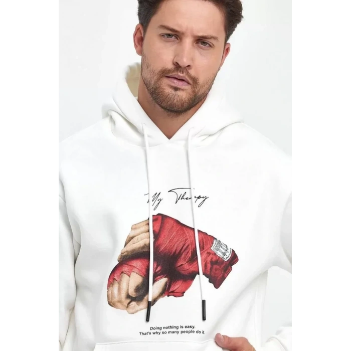 MARSiLYAN- Unisex Kapüşonlu Üç İplik Oversize Baskılı Sweatshirt - Beyaz