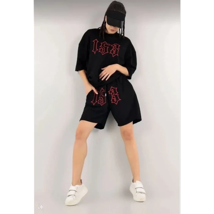 MARSiLYAN- Unisex Nakış İşlemeli Şort Takım - Siyah