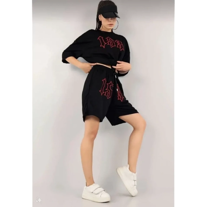 MARSiLYAN- Unisex Nakış İşlemeli Şort Takım - Siyah