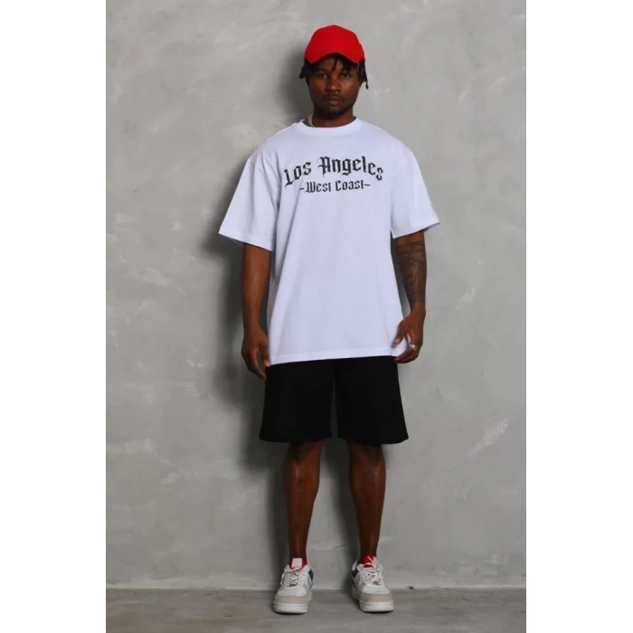 MARSiLYAN- Unisex Oversize Baskılı Bisiklet Yaka T-Shirt - Beyaz