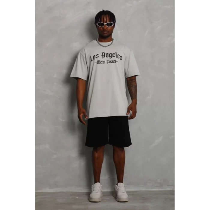 MARSiLYAN- Unisex Oversize Baskılı Bisiklet Yaka T-Shirt - Gri