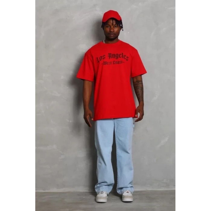MARSiLYAN- Unisex Oversize Baskılı Bisiklet Yaka T-Shirt - Kırmızı