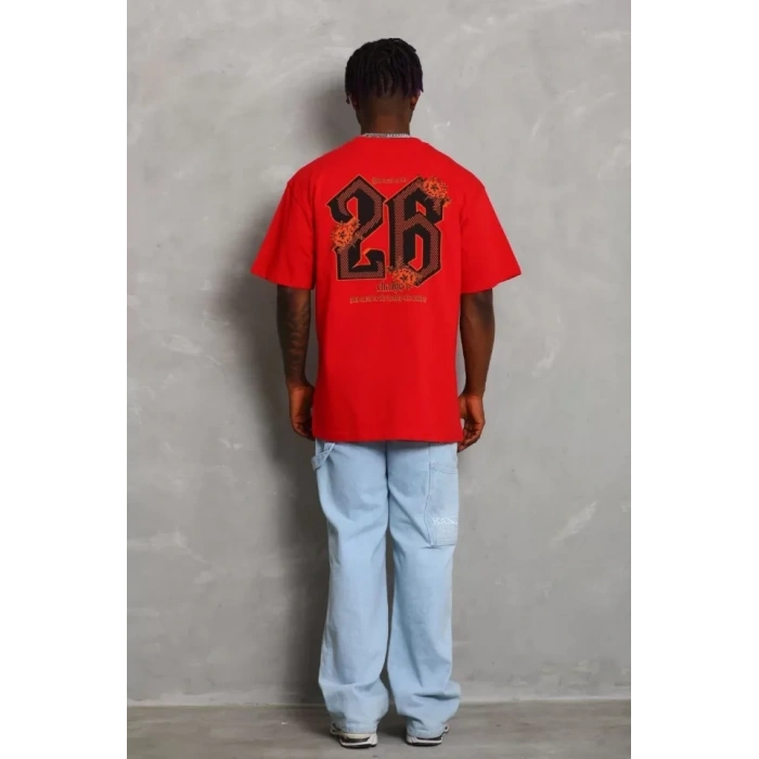 MARSiLYAN- Unisex Oversize Baskılı Bisiklet Yaka T-Shirt - Kırmızı