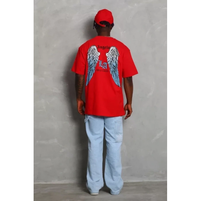 MARSiLYAN- Unisex Oversize Baskılı Bisiklet Yaka T-Shirt - Kırmızı