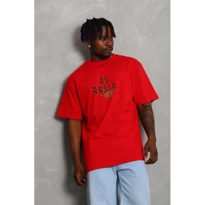 MARSiLYAN- Unisex Oversize Baskılı Bisiklet Yaka T-Shirt - Kırmızı