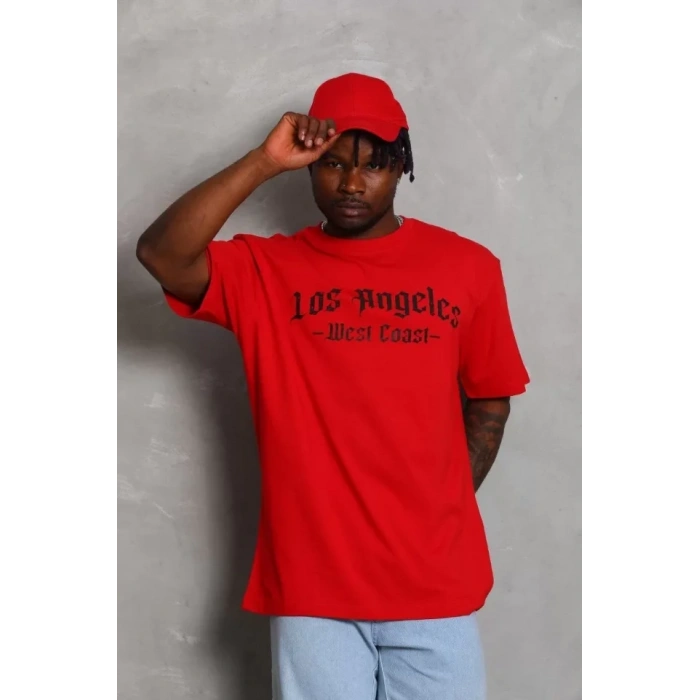 MARSiLYAN- Unisex Oversize Baskılı Bisiklet Yaka T-Shirt - Kırmızı