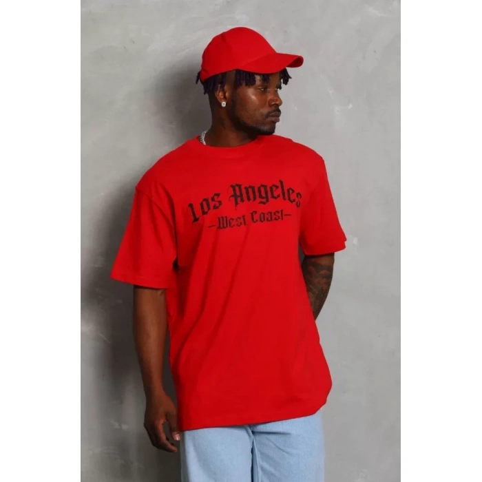 MARSiLYAN- Unisex Oversize Baskılı Bisiklet Yaka T-Shirt - Kırmızı