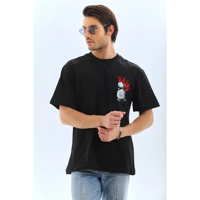MARSiLYAN- Unisex Oversize Baskılı Bisiklet Yaka T-Shirt - Siyah