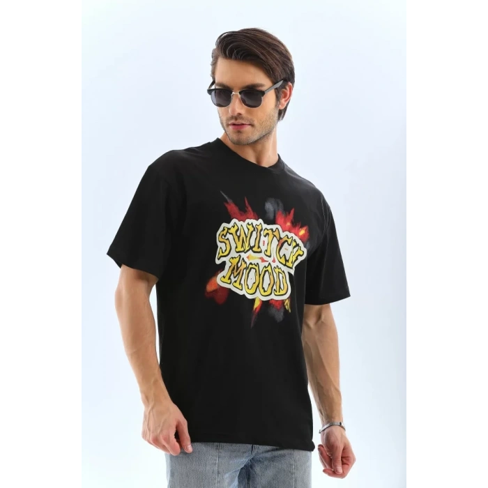 MARSiLYAN- Unisex Oversize Baskılı Bisiklet Yaka T-Shirt - Siyah