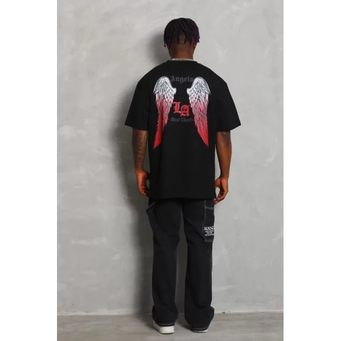 MARSiLYAN- Unisex Oversize Baskılı Bisiklet Yaka T-Shirt - Siyah