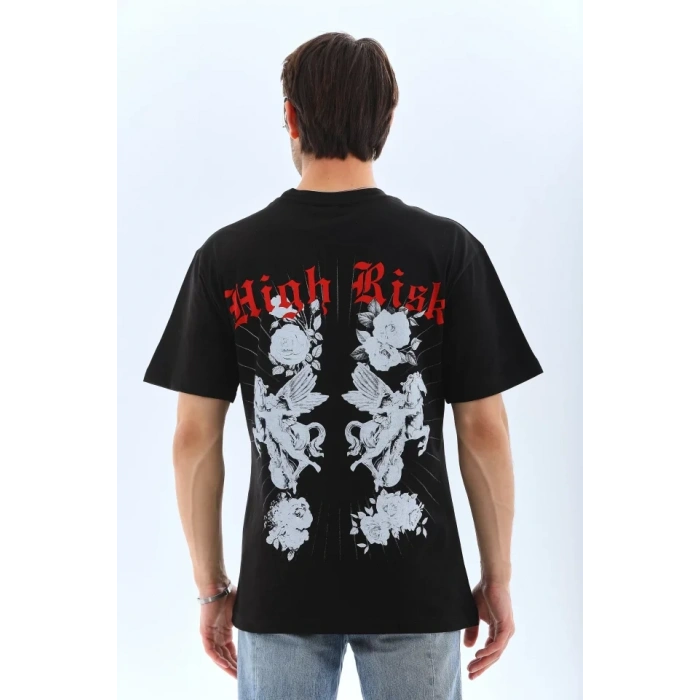 MARSiLYAN- Unisex Oversize Baskılı Bisiklet Yaka T-Shirt - Siyah