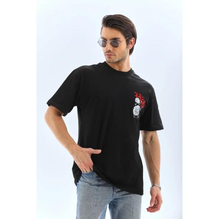 MARSiLYAN- Unisex Oversize Baskılı Bisiklet Yaka T-Shirt - Siyah