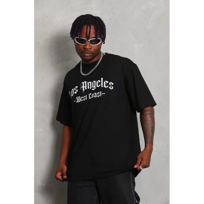 MARSiLYAN- Unisex Oversize Baskılı Bisiklet Yaka T-Shirt - Siyah