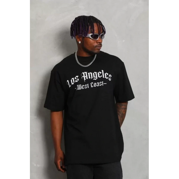 MARSiLYAN- Unisex Oversize Baskılı Bisiklet Yaka T-Shirt - Siyah