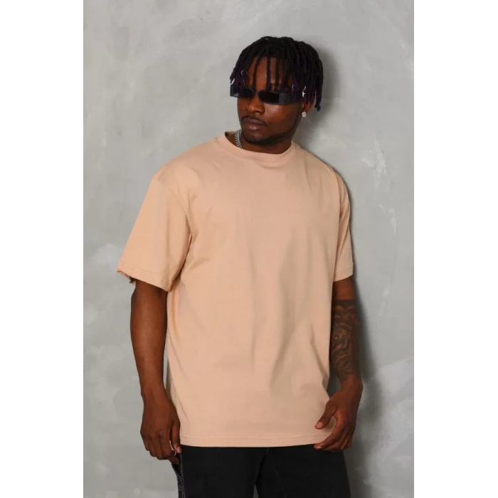 MARSiLYAN- Unisex Oversize Düz Bisiklet Yaka T-Shirt - Bej