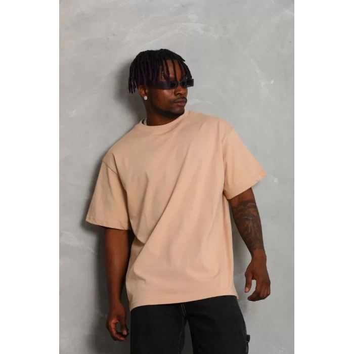 MARSiLYAN- Unisex Oversize Düz Bisiklet Yaka T-Shirt - Bej